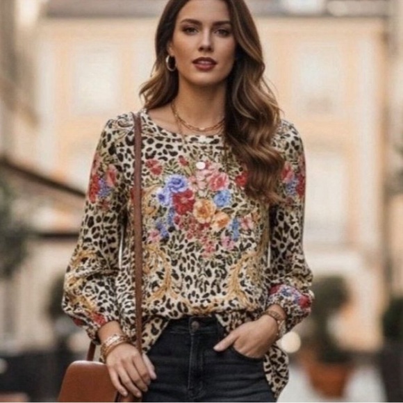 Johnny Was Tops - Johnny Was Leopard Floral Tunic Top Bamboo Viscose Puff Sleeve Boho XXS